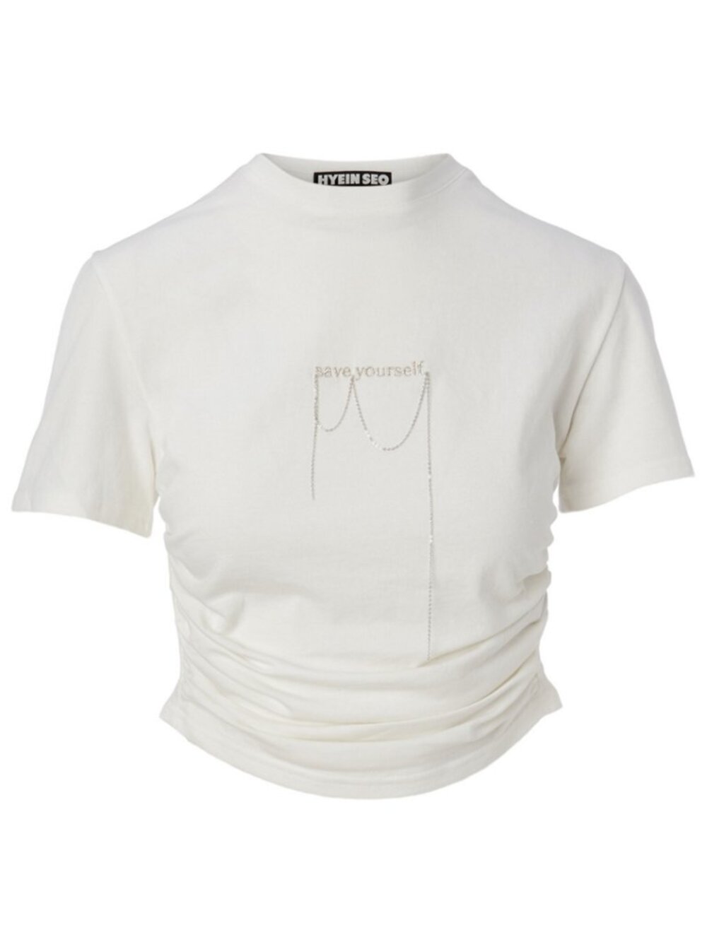 HYEIN SEO White 100% Cotton "Save Yourself" Embroidered Chain T-Shirt, Size M - Picture 5 of 14